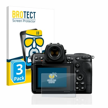 Parte frontal de un envase de producto con el logotipo de la marca BROTECT. Al lado se muestra el dispositivo Nikon Z 8 con su