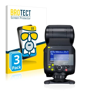 Parte frontal de un envase de producto con el logotipo de la marca BROTECT. Al lado se muestra el dispositivo Canon Speedlite 