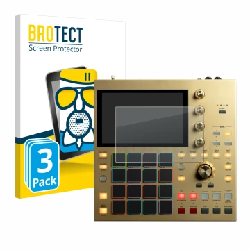 Parte frontal de un envase de producto con el logotipo de la marca BROTECT. Al lado se muestra el dispositivo Akai MPC One con