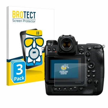 Parte frontal de un envase de producto con el logotipo de la marca BROTECT. Al lado se muestra el dispositivo Nikon Z 9 con su