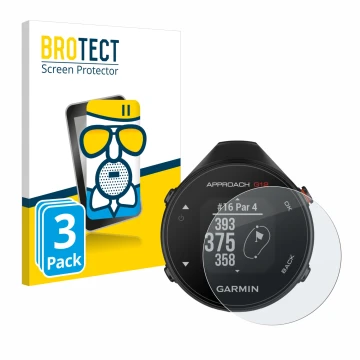 Parte frontal de un envase de producto con el logotipo de la marca BROTECT. Al lado se muestra el dispositivo Garmin Approach 