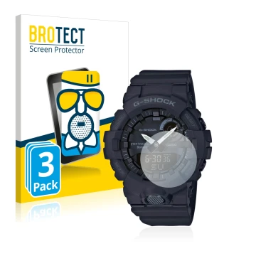 Parte frontal de un envase de producto con el logotipo de la marca BROTECT. Al lado se muestra el dispositivo Casio G-Shock GB