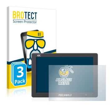 Parte frontal de un envase de producto con el logotipo de la marca BROTECT. Al lado se muestra el dispositivo Feelworld FW279 