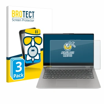 Parte frontal de un envase de producto con el logotipo de la marca BROTECT. Al lado se muestra el dispositivo Lenovo ThinkBook