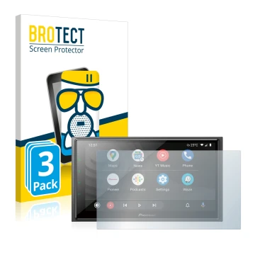Parte frontal de un envase de producto con el logotipo de la marca BROTECT. Al lado se muestra el dispositivo Pioneer SPH-EVO6