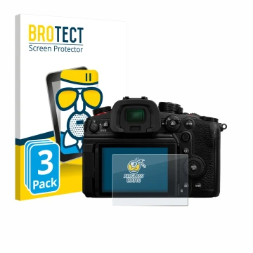 Parte frontal de un envase de producto con el logotipo de la marca BROTECT. Al lado se muestra el dispositivo Panasonic Lumix 
