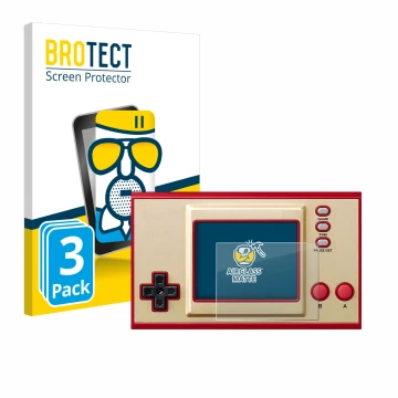Parte frontal de un envase de producto con el logotipo de la marca BROTECT. Al lado se muestra el dispositivo Nintendo Game & 