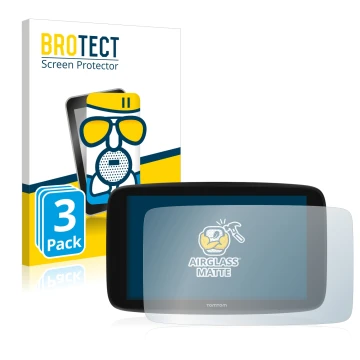 Parte frontal de un envase de producto con el logotipo de la marca BROTECT. Al lado se muestra el dispositivo TomTom Go Expert