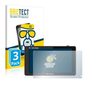 Parte frontal de un envase de producto con el logotipo de la marca BROTECT. Al lado se muestra el dispositivo Feelworld LUT6 6