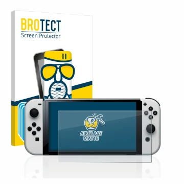 Parte frontal de un envase de producto con el logotipo de la marca BROTECT. Al lado se muestra el dispositivo Nintendo Switch 