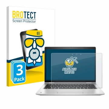 Parte frontal de un envase de producto con el logotipo de la marca BROTECT. Al lado se muestra el dispositivo HP ProBook x360 
