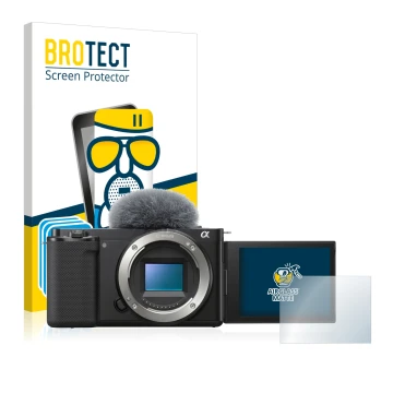 Parte frontal de un envase de producto con el logotipo de la marca BROTECT. Al lado se muestra el dispositivo Sony Alpha ZV-E1
