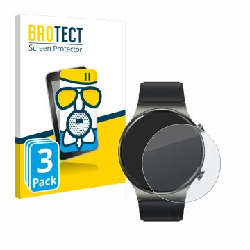Parte frontal de un envase de producto con el logotipo de la marca BROTECT. Al lado se muestra el dispositivo Huawei Watch GT 