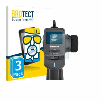 Parte frontal de un envase de producto con el logotipo de la marca BROTECT. Al lado se muestra el dispositivo Futaba T3PV con 