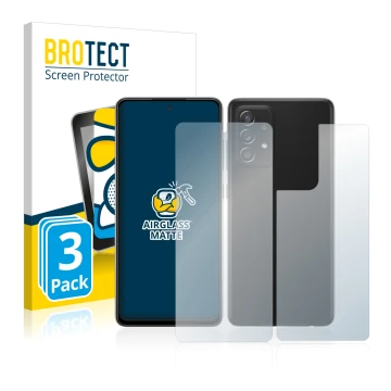 Parte frontal de un envase de producto con el logotipo de la marca BROTECT. Al lado se muestra el dispositivo Samsung Galaxy A