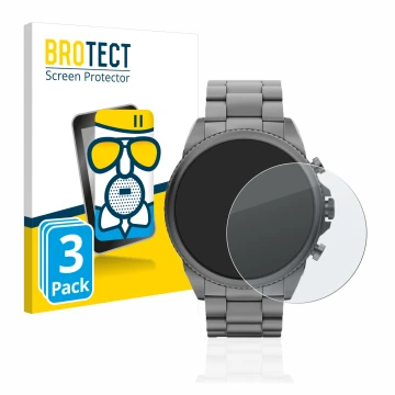 Parte frontal de un envase de producto con el logotipo de la marca BROTECT. Al lado se muestra el dispositivo Fossil Gen 6 (44