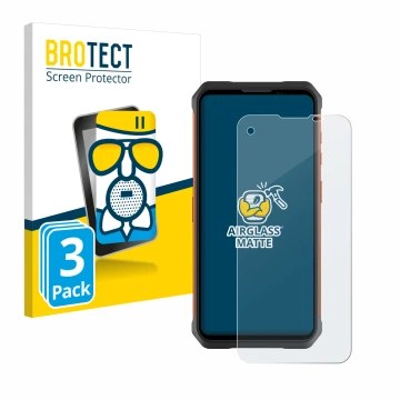 Parte frontal de un envase de producto con el logotipo de la marca BROTECT. Al lado se muestra el dispositivo Doogee V10 con s