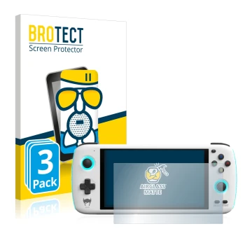 Parte frontal de un envase de producto con el logotipo de la marca BROTECT. Al lado se muestra el dispositivo AYN Odin con su 