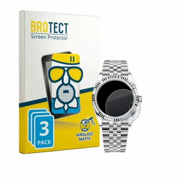Parte frontal de un envase de producto con el logotipo de la marca BROTECT. Al lado se muestra el dispositivo Rolex Datejust 3