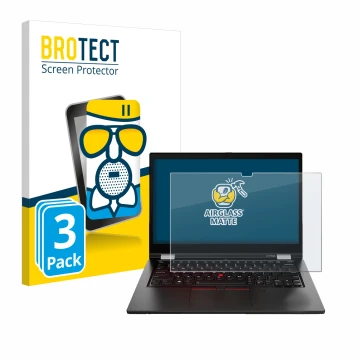 Parte frontal de un envase de producto con el logotipo de la marca BROTECT. Al lado se muestra el dispositivo Lenovo ThinkPad 