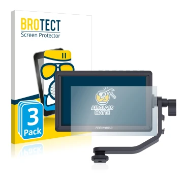 Parte frontal de un envase de producto con el logotipo de la marca BROTECT. Al lado se muestra el dispositivo Feelworld FW568 