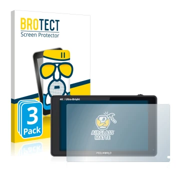 Parte frontal de un envase de producto con el logotipo de la marca BROTECT. Al lado se muestra el dispositivo Feelworld LUT6S 