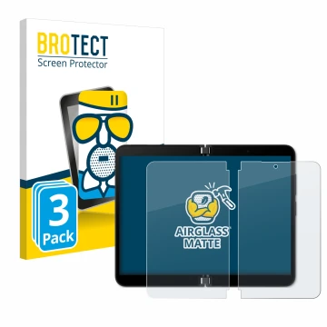 Parte frontal de un envase de producto con el logotipo de la marca BROTECT. Al lado se muestra el dispositivo Microsoft Surfac