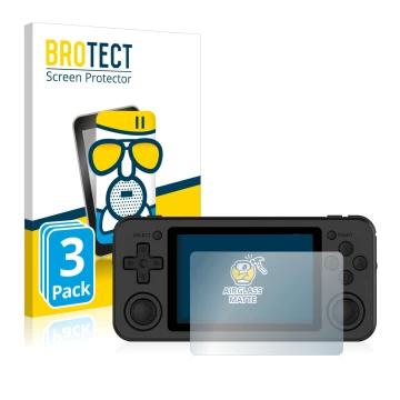 Parte frontal de un envase de producto con el logotipo de la marca BROTECT. Al lado se muestra el dispositivo Anbernic RG351P 