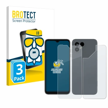 Parte frontal de un envase de producto con el logotipo de la marca BROTECT. Al lado se muestra el dispositivo Fairphone 4 (Fro