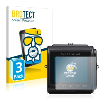 Parte frontal de un envase de producto con el logotipo de la marca BROTECT. Al lado se muestra el dispositivo Hasselblad 907X 