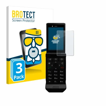 Parte frontal de un envase de producto con el logotipo de la marca BROTECT. Al lado se muestra el dispositivo Caterpillar Cat 