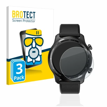 Parte frontal de un envase de producto con el logotipo de la marca BROTECT. Al lado se muestra el dispositivo Mobvoi Ticwatch 