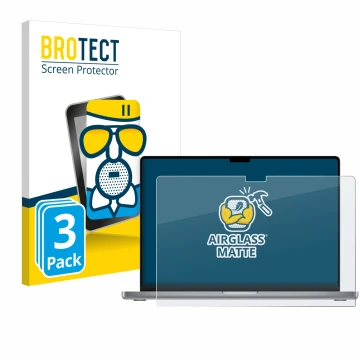 Parte frontal de un envase de producto con el logotipo de la marca BROTECT. Al lado se muestra el dispositivo Apple MacBook Pr