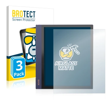 Parte frontal de un envase de producto con el logotipo de la marca BROTECT. Al lado se muestra el dispositivo Boox Note Air 2 