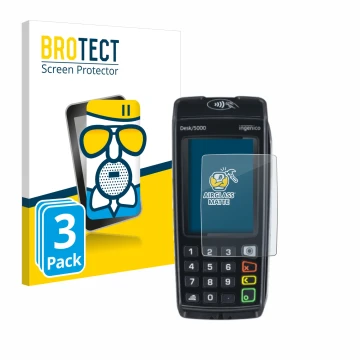 Parte frontal de un envase de producto con el logotipo de la marca BROTECT. Al lado se muestra el dispositivo ingenico Desk/50