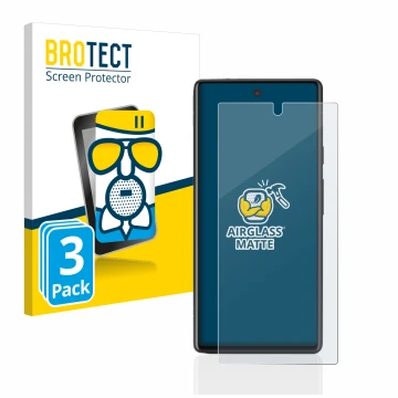 Parte frontal de un envase de producto con el logotipo de la marca BROTECT. Al lado se muestra el dispositivo Google Pixel 6a 