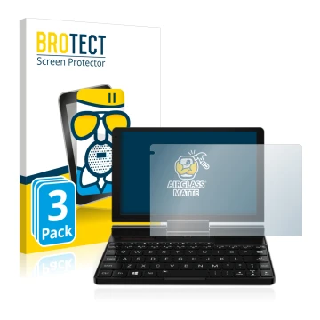 Parte frontal de un envase de producto con el logotipo de la marca BROTECT. Al lado se muestra el dispositivo GPD Pocket 3 con