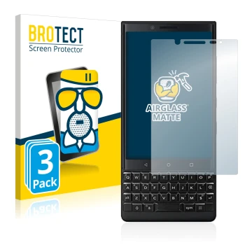 Parte frontal de un envase de producto con el logotipo de la marca BROTECT. Al lado se muestra el dispositivo BlackBerry Key2 