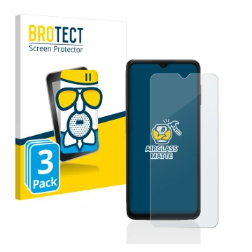 Parte frontal de un envase de producto con el logotipo de la marca BROTECT. Al lado se muestra el dispositivo Samsung Galaxy A