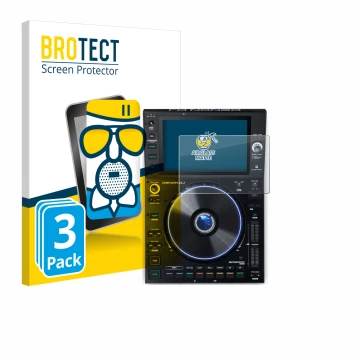 Parte frontal de un envase de producto con el logotipo de la marca BROTECT. Al lado se muestra el dispositivo Denon DJ SC6000 