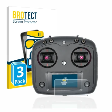 Parte frontal de un envase de producto con el logotipo de la marca BROTECT. Al lado se muestra el dispositivo FlySky FS-i6S co