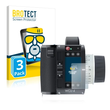 Parte frontal de un envase de producto con el logotipo de la marca BROTECT. Al lado se muestra el dispositivo Arri WCU-4 con s