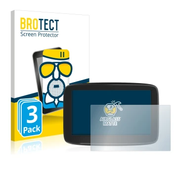 Parte frontal de un envase de producto con el logotipo de la marca BROTECT. Al lado se muestra el dispositivo TomTom GO Classi