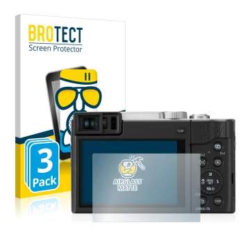 Parte frontal de un envase de producto con el logotipo de la marca BROTECT. Al lado se muestra el dispositivo Panasonic Lumix 