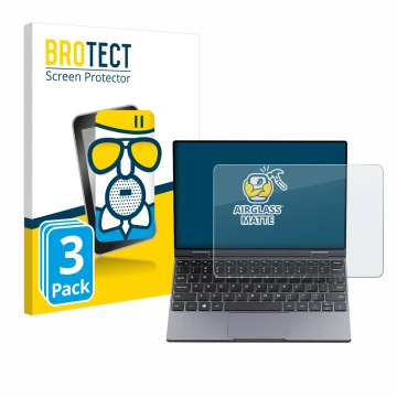 Parte frontal de un envase de producto con el logotipo de la marca BROTECT. Al lado se muestra el dispositivo Chuwi MiniBook X