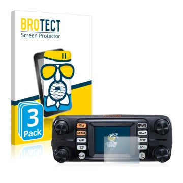 Parte frontal de un envase de producto con el logotipo de la marca BROTECT. Al lado se muestra el dispositivo Yaesu FTM-300DE 