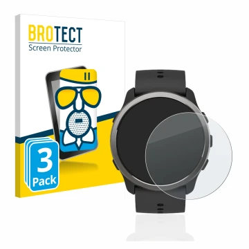 Parte frontal de un envase de producto con el logotipo de la marca BROTECT. Al lado se muestra el dispositivo Suunto 5 Peak co