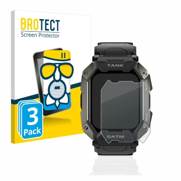 Parte frontal de un envase de producto con el logotipo de la marca BROTECT. Al lado se muestra el dispositivo Kospet Tank M1 c