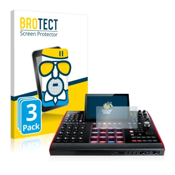 Parte frontal de un envase de producto con el logotipo de la marca BROTECT. Al lado se muestra el dispositivo Akai MPC X 10.1