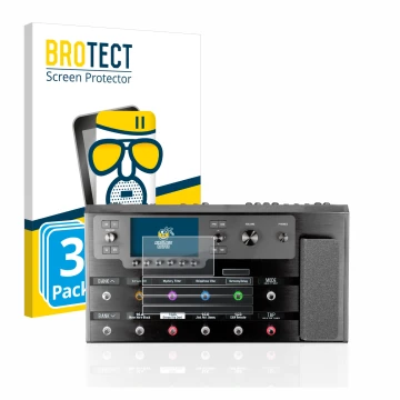 Parte frontal de un envase de producto con el logotipo de la marca BROTECT. Al lado se muestra el dispositivo Line 6 Helix Flo